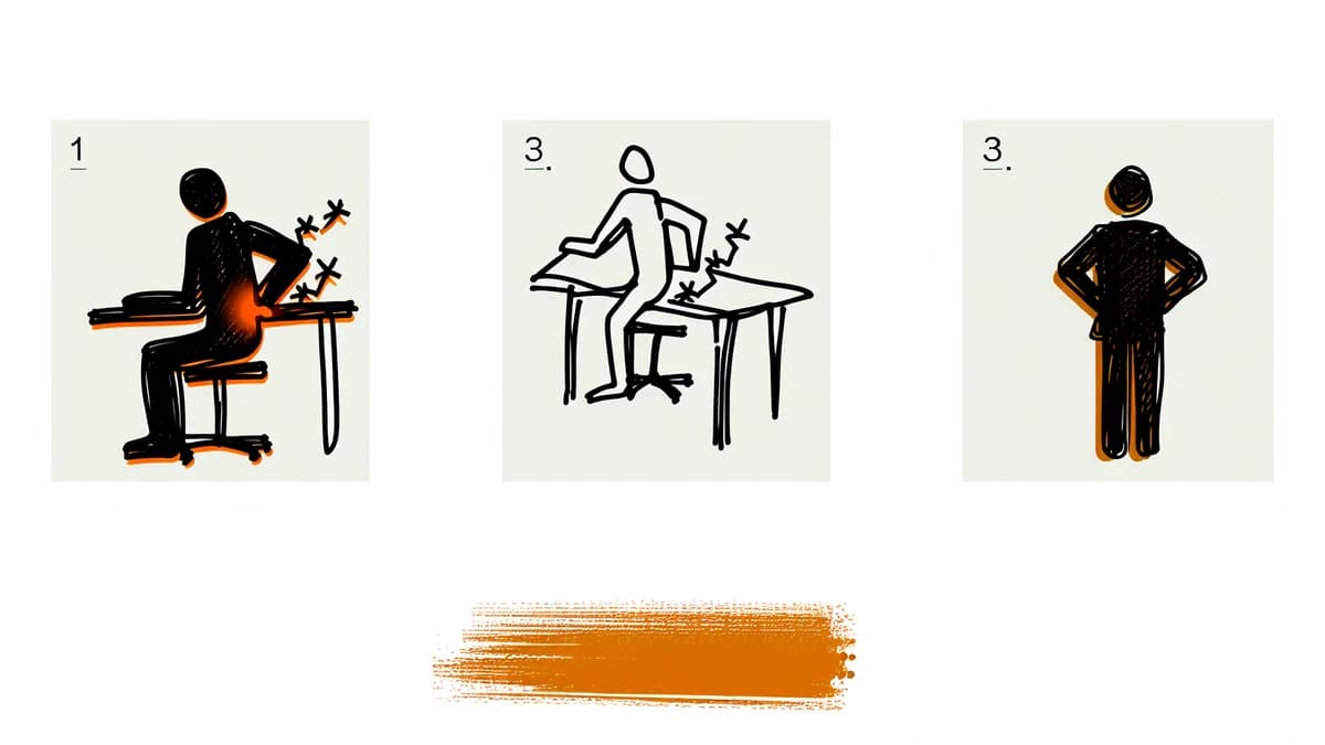 Rücken knackt beim Aufstehen: Person streckt sich nach langem Sitzen am Schreibtisch